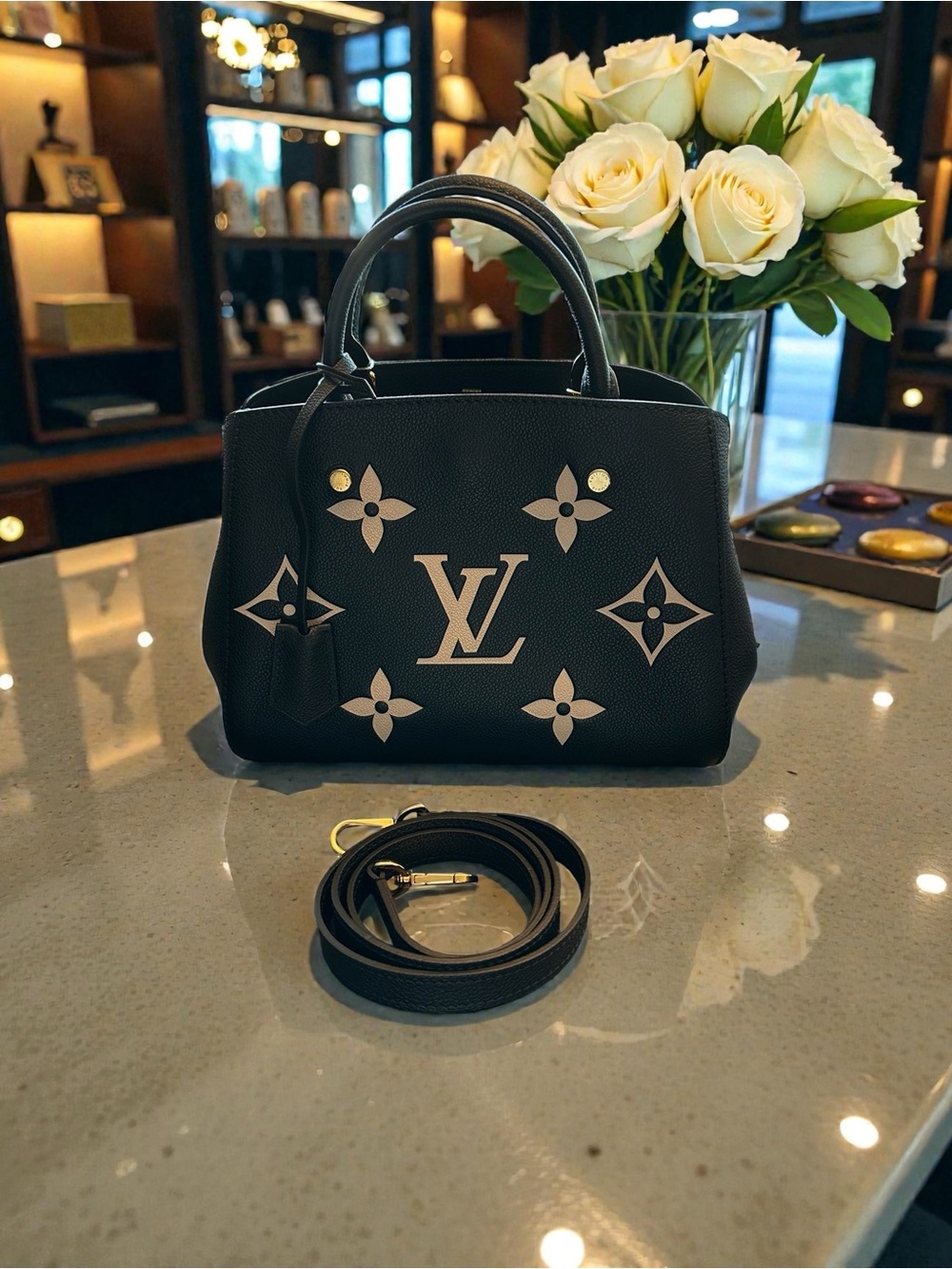 Louis Vuitton Montaigne BB Bag in Bicolor Monogram Empreinte Giant leather
